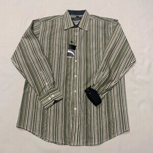 Bogari Button-Up Shirt Mens 16.5 M Green Striped Long Sleeve Career Professional